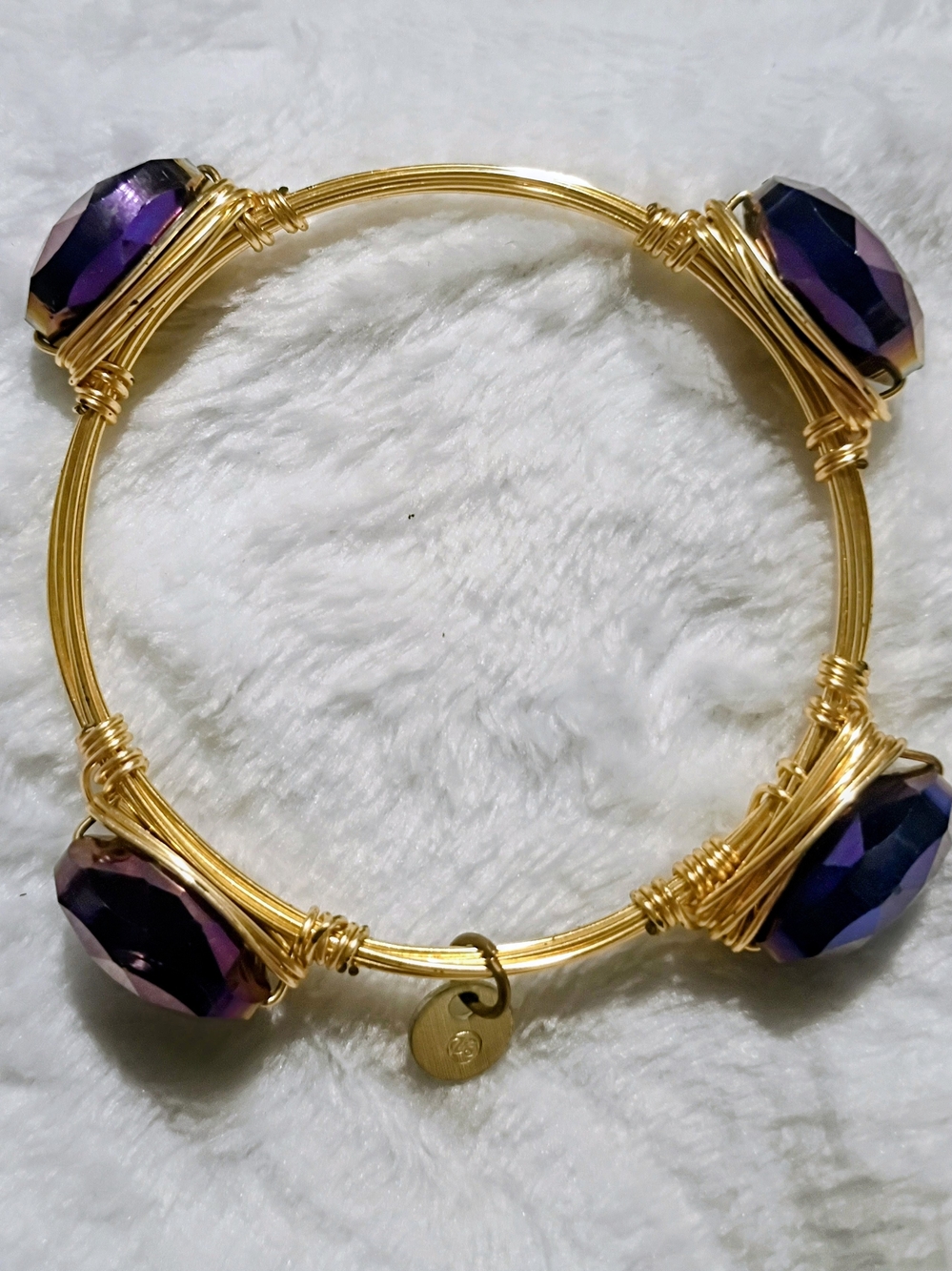 Gold Wire Bangle Bracelet with Purple Faceted Beads